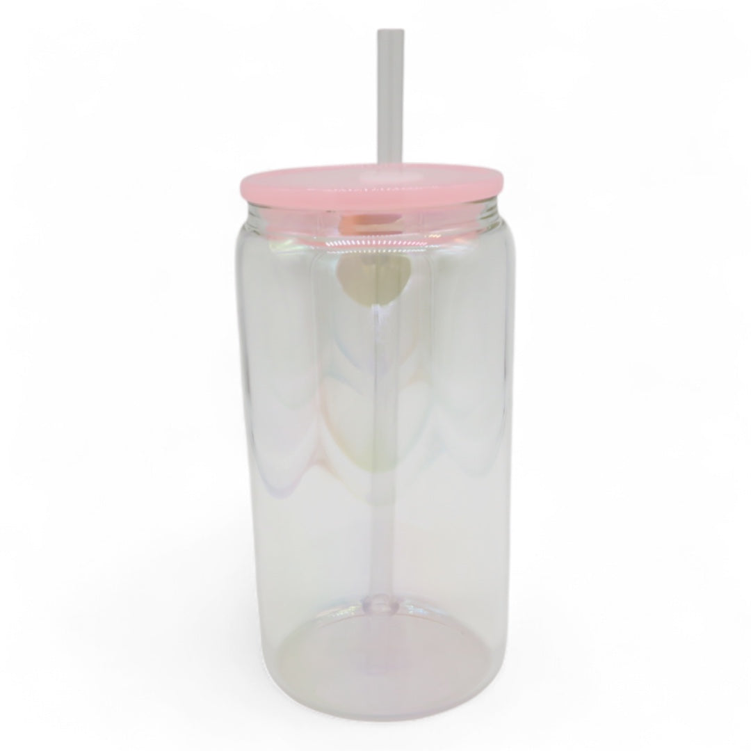 Aurora Trinkglas 450 ml – mit Regenbogenschimmer & personalisierbar (rosa)