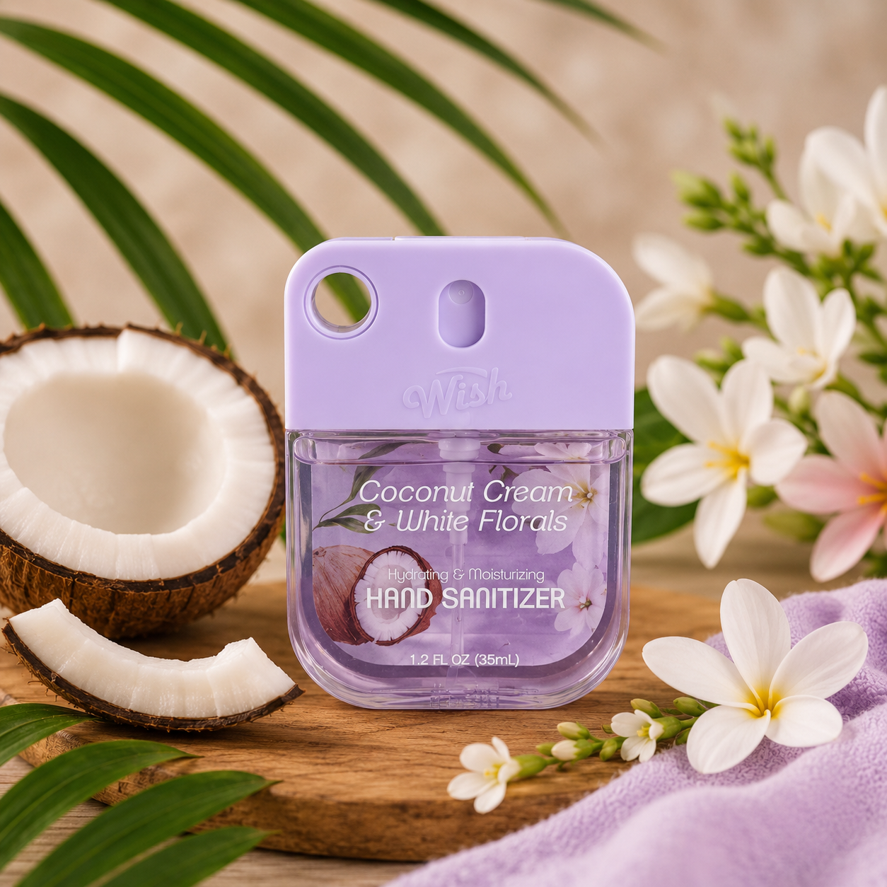 Handdesinfektionsspray Kokosnusscreme und weiße Blumen