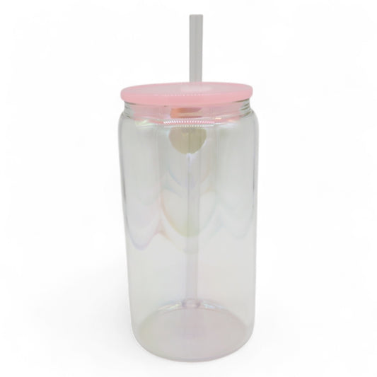 Aurora Trinkglas 450 ml – mit Regenbogenschimmer & personalisierbar (rosa)