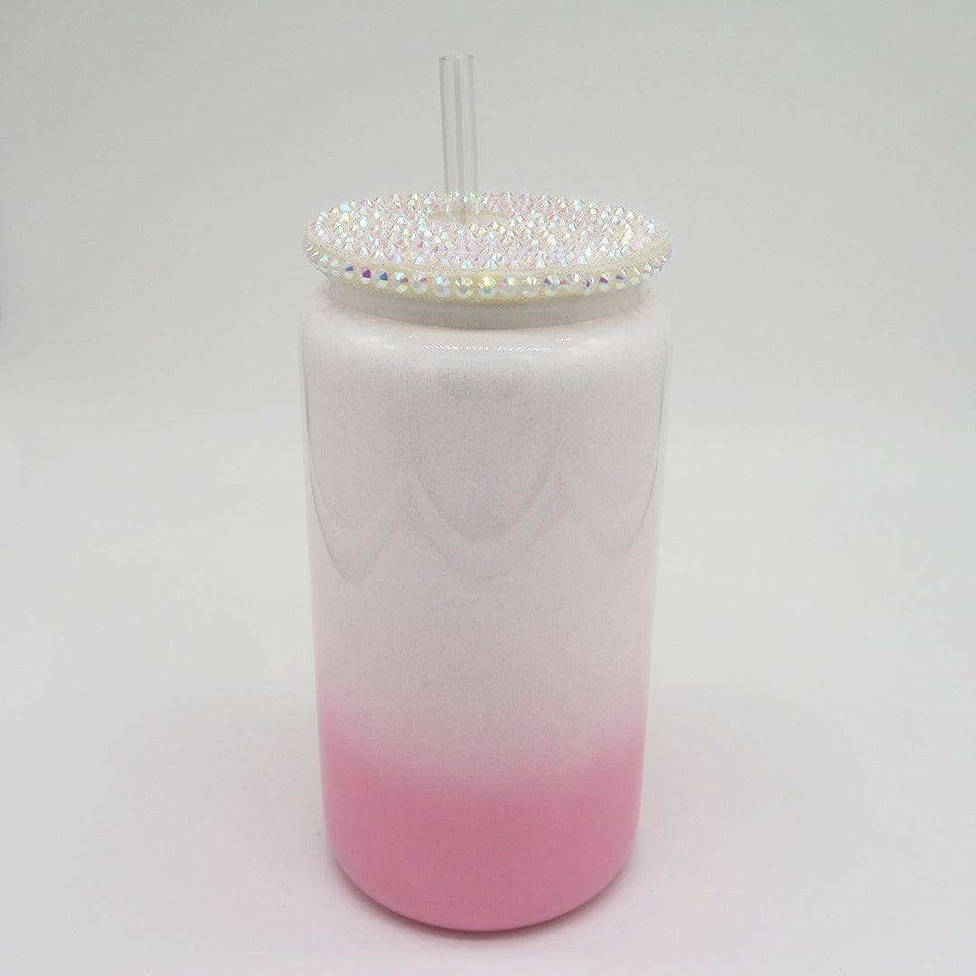 Glitzer Trinkglas 450 ml – mit funkelndem Deckel & personalisierbar (weiß/rosa)