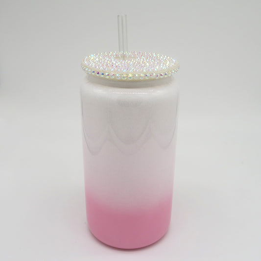 Glitzer Trinkglas 450 ml – mit funkelndem Deckel & personalisierbar (weiß/rosa)