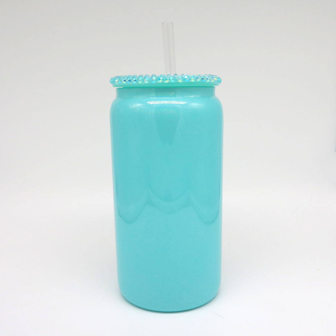 Glitzer Trinkglas 450 ml – mit funkelndem Deckel & personalisierbar (türkis)