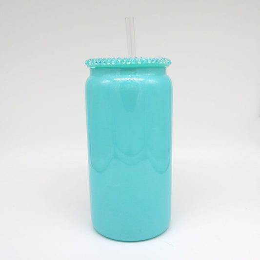 Glitzer Trinkglas 450 ml – mit funkelndem Deckel & personalisierbar (türkis)