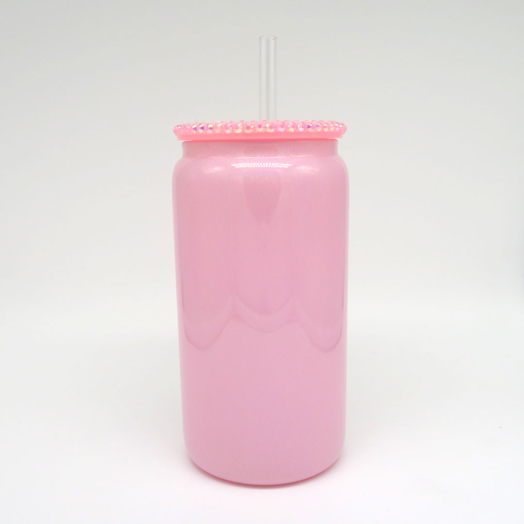 Glitzer Trinkglas 450 ml – mit funkelndem Deckel & personalisierbar (rosa)