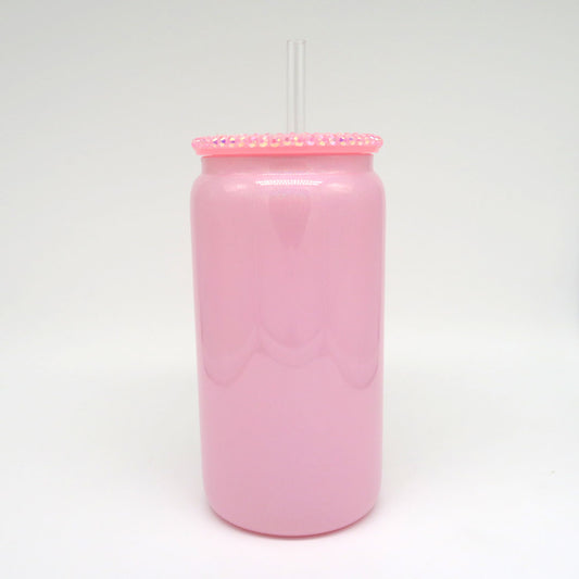 Glitzer Trinkglas 450 ml – mit funkelndem Deckel & personalisierbar (rosa)