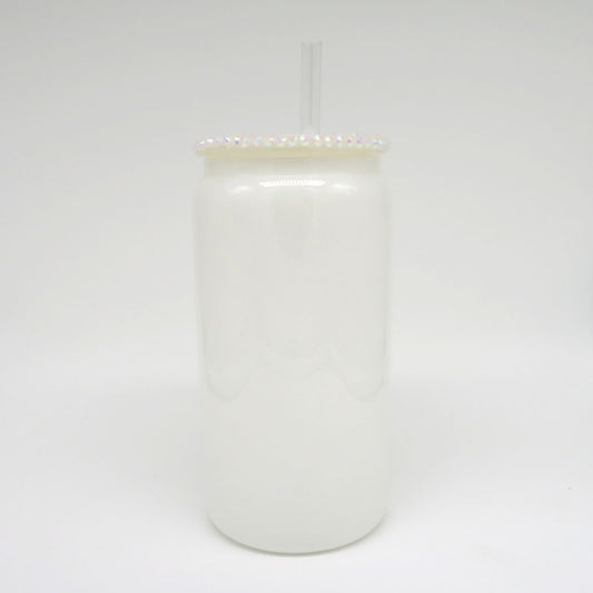 Glitzer Trinkglas 450 ml – mit funkelndem Deckel & personalisierbar (weiß)